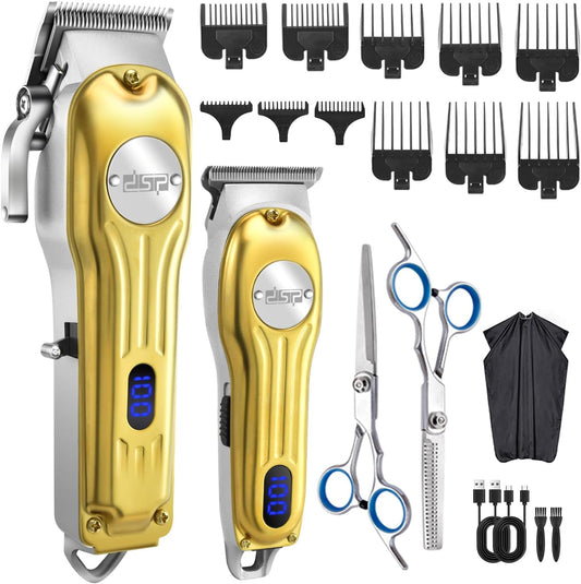 DSP Professional Hair Clipper for Men, Clipper and Trimmer Set - Electric Clipper for Hair Cutting, Cordless Barber Clipper Set with LED Display for Men Gift (Gold)