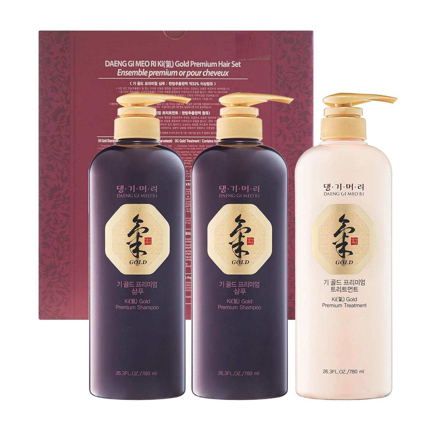 DAENG GI MEO RI - Ki Gold Premium 2 Shampoo 780ml + 1 Treatment 780ml + 10 Traveling Pouch Samples 10ml Set, Samples may vary.