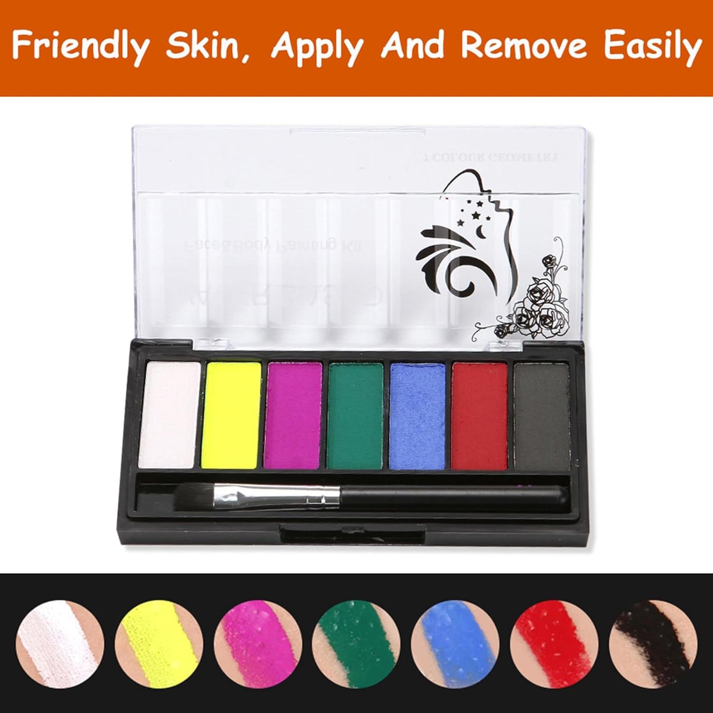 Face Body Paint Kit for Kids Adults,7 Vibrant Colors Water Activated Professional Facepaint with Brush, Non-Toxic for Halloween, Parties, Carnival, School Event, Festivals