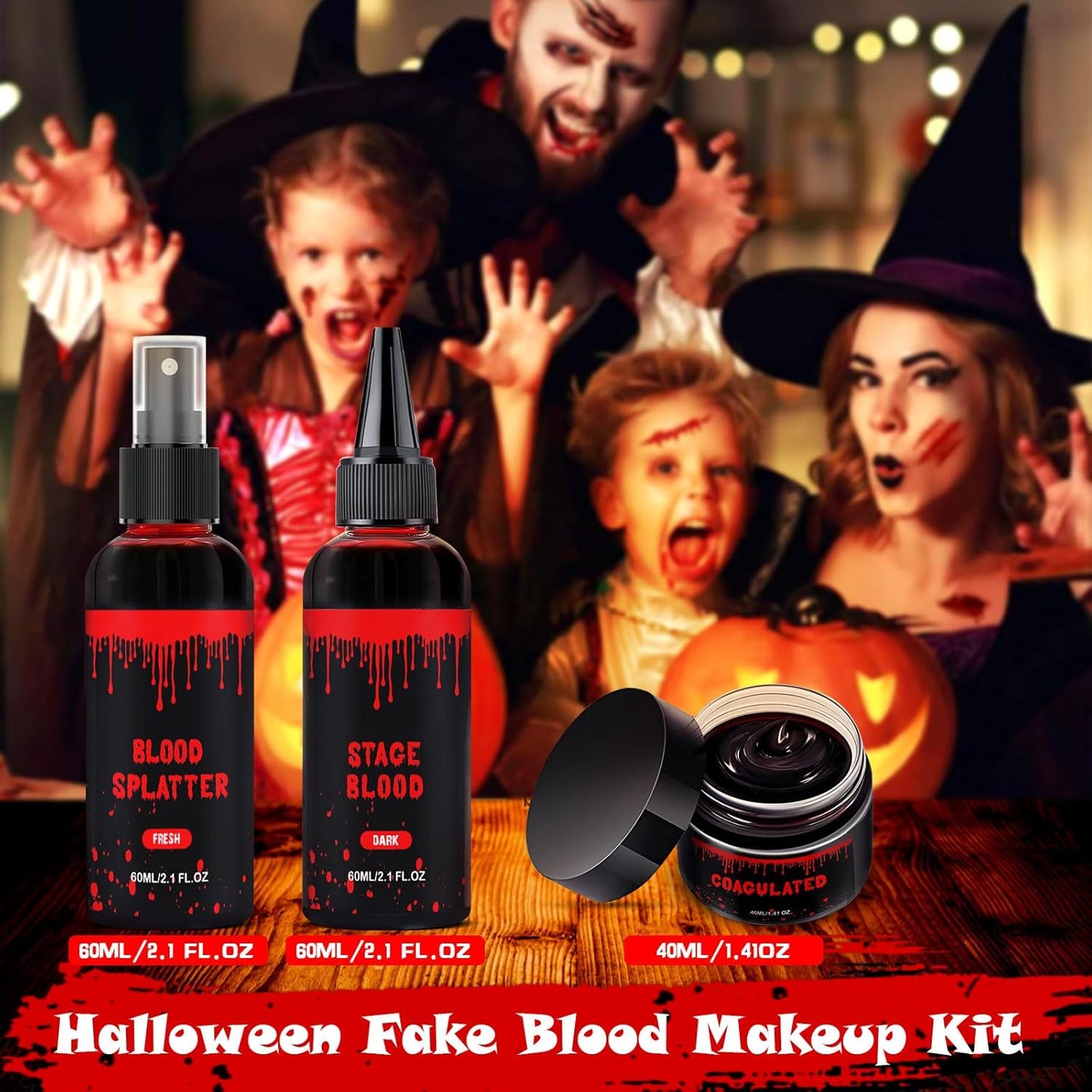 Halloween Fake Blood Makeup Kit 3PCS, Blood Spray 2.1oz, Dripping Blood 2.1oz, Coagulated Gel 1.41oz, Washable SFX Makeup Set for Vampire Zombie Monster Cosplay & Party Dress Up