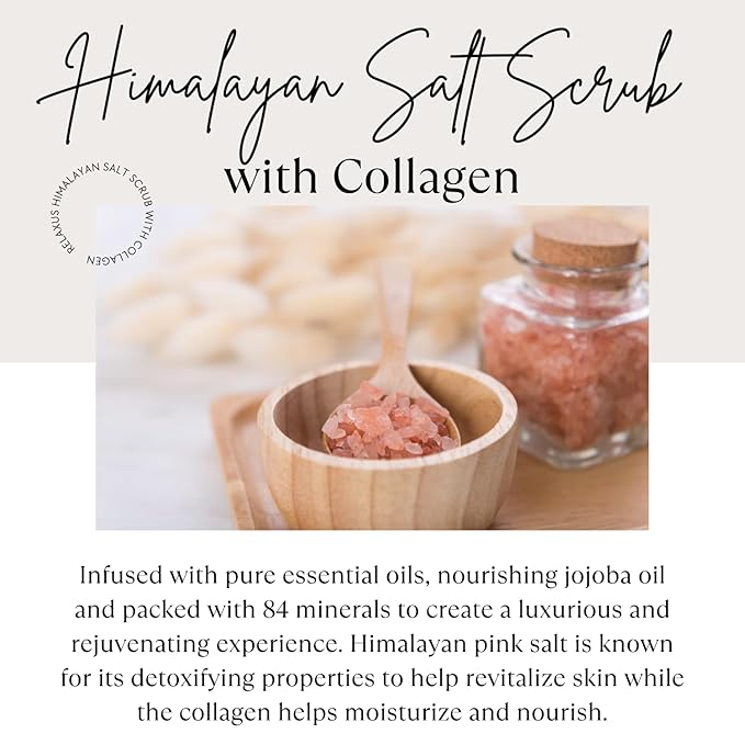 Spa Relaxus Himalayan Salt Scrub with Collagen 17.6 oz Jar, Rejuvenating Hydrating Salt Scrub with 84+ Minerals, Vitamin E, Jojoba Oil and Essential Oils (17.6 oz, Lavender)