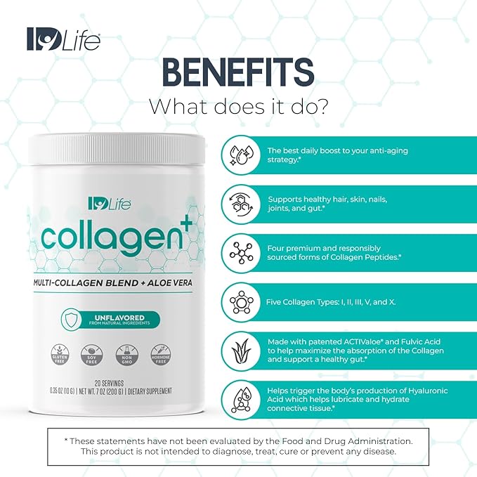 IDLife Collagen+ Powder Drink - Multi-Collagen Blend with Fulvic Acid & Aloe Vera - for Healthy Hair, Skin, Nails, Joints & Gut - 20 Servings / 200g