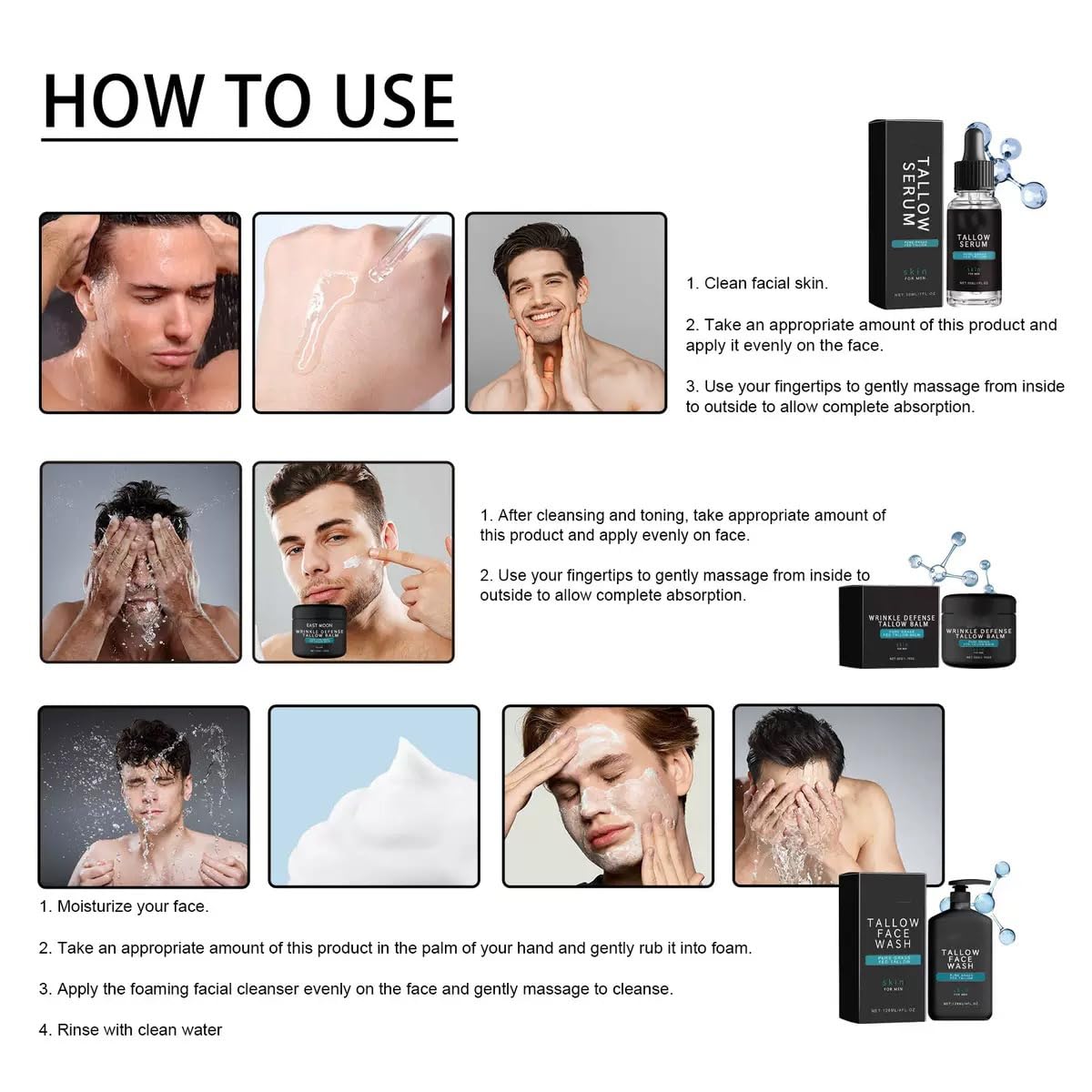 3PCS Men's Skin Care Set: Natural Tallow Anti-Wrinkle Balm, Nourishing Face Wash, Night Anti-Aging Serum, Revitalize Skin, Exclusive for Men (3PCS)