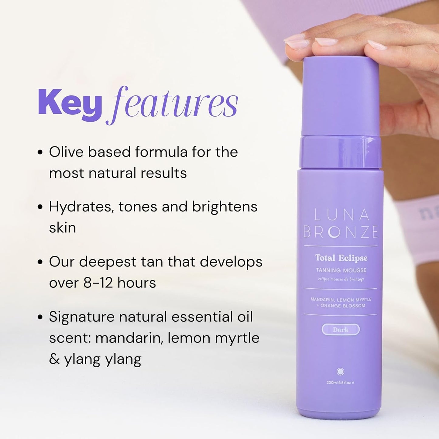 Luna Bronze Total Eclipse Express Self Tan Mousse | Instant, Dark & Natural Looking Self-Tanner Foam | Lightweight Formula Enriched with Organic Aloe Vera & Natural DHA | Fake Tan (200ml/6.7 fl. oz)