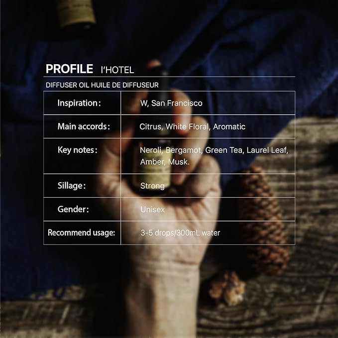 l'Hotel Diffuser Oil, White Floral Citrus Scent, Lifestyle Blend Neroli, Green Tea, Laurel Leaf, Musk Essential Oils Blend for Ultrasonic Diffuser
