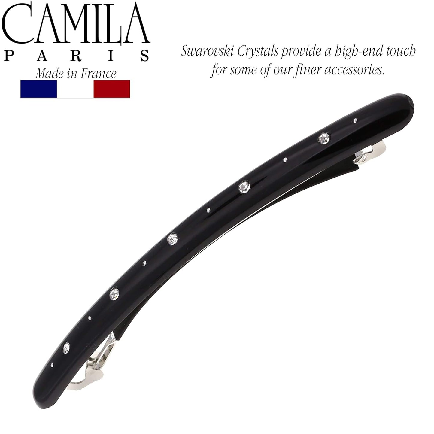 Camila Paris CP2851 French Hair Barrette Large Black, Long Skinny Strong Hold Grip Hair Clips for Women, Thin Rubberized Automatic Clasp No Slip Durable Styling Girls Hair Accessories, Made in France