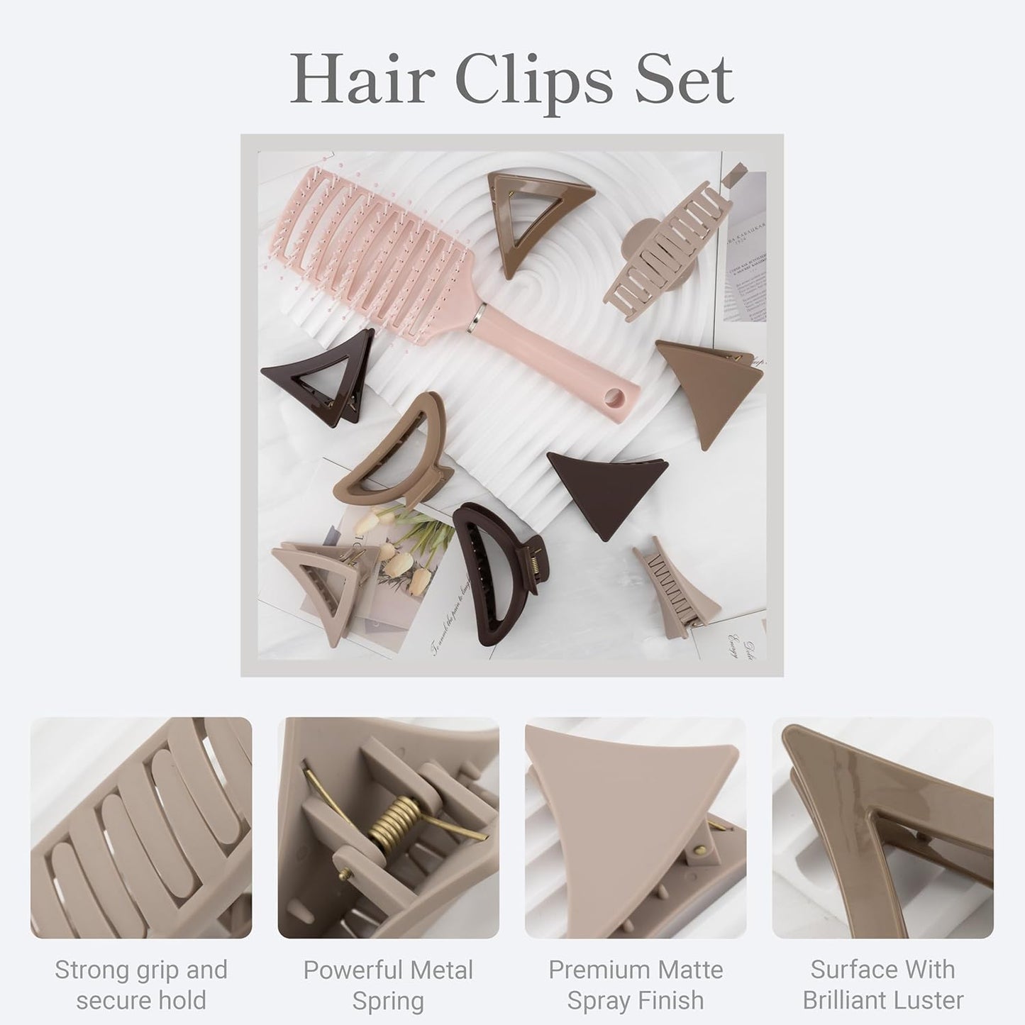 Neutral Tones Hair Accessories Set - 9 Medium Hair Clips (Arched & Triangle), 1 Hair Brush | Non-Slip Hair Clips for Thin Hair (Soft Pink, Beige, Brown)