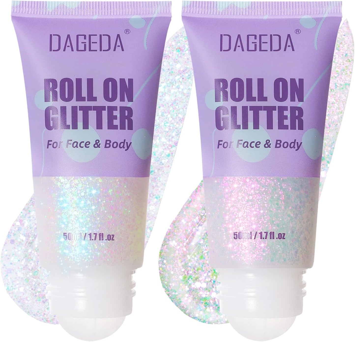 DAGEDA 2 Colors Roll-on Body Glitter, Eye Face Glitter Gel for Festival Outfit Mermaid Accessories,Holographic Color Body Shimmer Makeup Rave Outfits Accessories for Women(01+02)