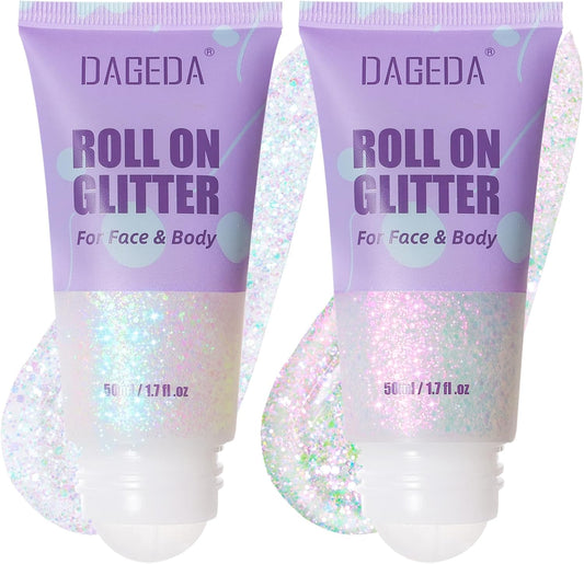 DAGEDA 2 Colors Roll-on Body Glitter, Eye Face Glitter Gel for Festival Outfit Mermaid Accessories,Holographic Color Body Shimmer Makeup Rave Outfits Accessories for Women(01+02)