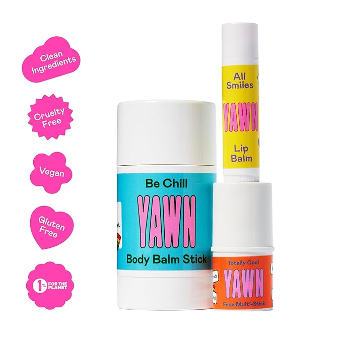 YAWN Makeup & Skincare Kit for Kids | Non-Toxic, Vegan, Cruelty Free, Talc Free | Lip Balm, Tinted Face Multi-Stick for Lips & Cheeks, and Universal Body Balm Stick | For Kids 3+ | Made in USA