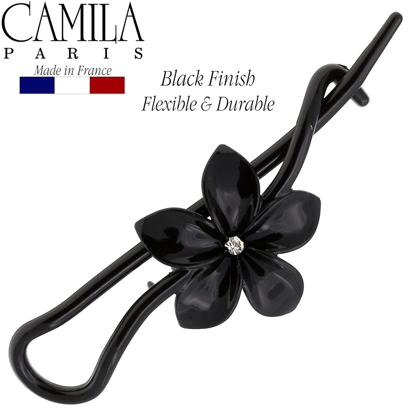 Camila Paris CP1593 French Hair Barrette Pin Clips for Girls, Flower, Black, No Metal Parts, Strong Hold Grip Hair Clips for Women, No Slip Styling Girls Hair Accessories, Made in France