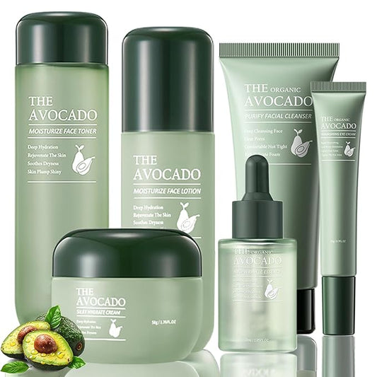Avocado Skin Care Set for Women,6PCS Skincare Kits with Facial Cleanser, Toner, Serum, Lotion,Cream, Eye Cream, Moisturizing Korean Skincare Set,Anti-Aging Skin Care Set,Face Care Gift Set for Women
