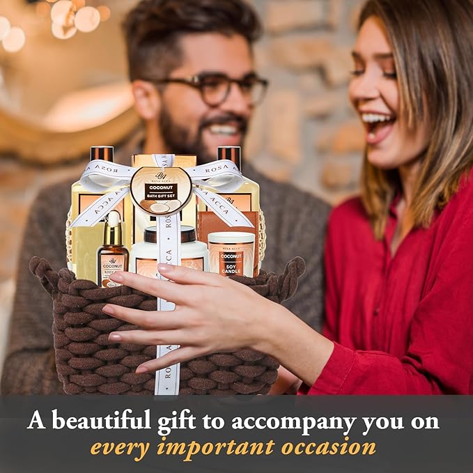 Mother's Day Gift for Mom, Spa Gift Set, 12pcs Spa Basket Set Coconut & Almond For Women & Men, Body Wash, Bubble Bath, Bath Soak, Manicure Set, Birthday Gifts, Gift for Her Home Bath, Self Care Kit