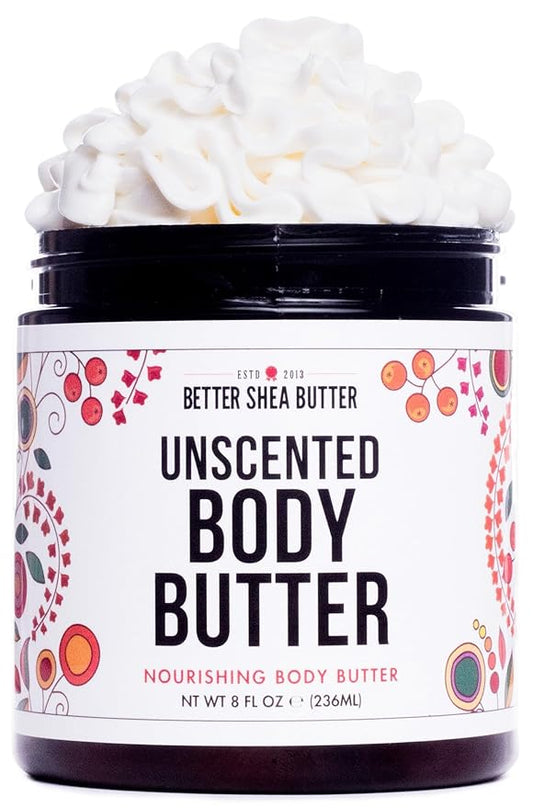Whipped Body Butter for Dry Skin, UNSCENTED Rich Body Moisturizer with Raw Shea Butter | Body Lotion for Sensitive Skin, Paraben Free, No Synthetic Fragrances, Non Greasy Body Cream | 8 oz