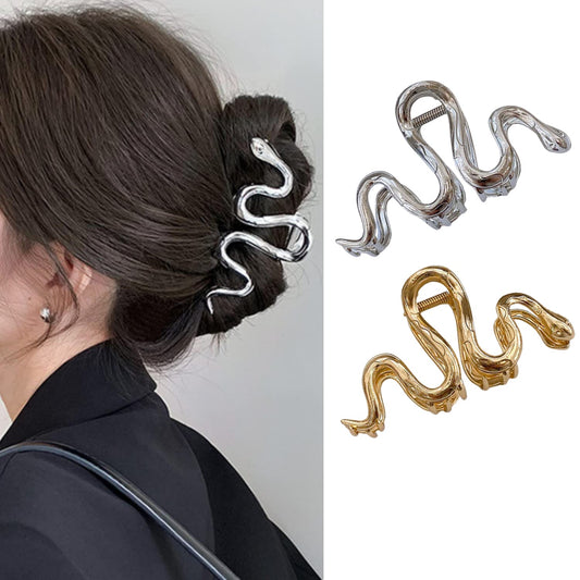 AIUPUOC Large Metal Silver Snake Accessories: Elegant Thick Hair Clips, Barrettes, Banana Hairpins for Women & Girls - 2Pcs