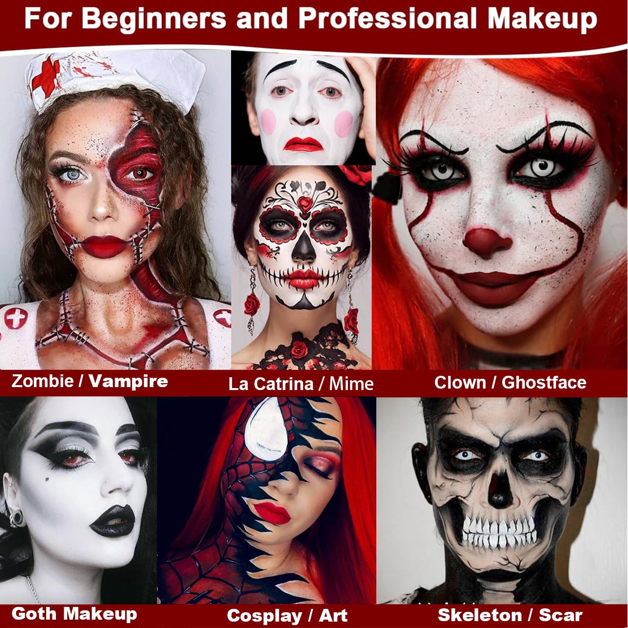 Goth White Black Red Face Paint Makeup Foundation, Clown Halloween White Face Body Paint Makeup Semi-Matte, Non Toxic FX Eye Black Red Body Painting Zombie Vampire Costume Party Cosplay Greasepaint