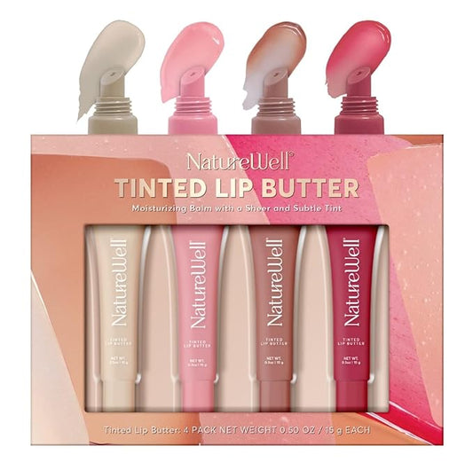 NATURE WELL Tinted Lip Butter Variety Pack, Shear & Subtle Tinted Moisturizing Balms, Vanilla Scented, Lightweight & Non-Greasy, Vitamin E, Shea, & Murumuru Butters, 0.50 Oz Each (Pack of 4)
