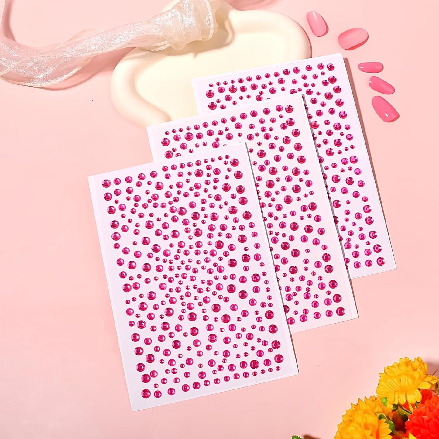 Self Adhesive Face Gems and Pearls for Makeup, Festival Jewels, Hair Gems, Rhinestone Stickers for Face, Eye, Makeup, Nail, Body, Crafts 3/4/5/6 mm 975Pcs (06.gem_Rosered)