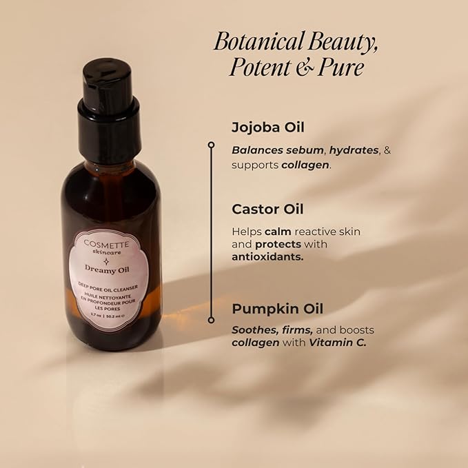 Cosmette Dreamy Oil Face Wash, Facial Oil Cleanser With Castor, Coconut, Jojoba & Pumpkin Seed Oils, Vegan Makeup Remover to Hydrate, Gentle, Natural Skin Care, Non Comedogenic, 1.7 Fl Oz