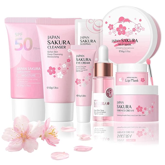 Sakura Skincare Set, Skin Care Set For Teen Girls, Skincare Gift Set Cherry Blossom Beauty Set, Deep Cleaning Skincare Facial Kit, Teen Skin Care Kit Birthday Gift - 8 Pack Travel Skincare