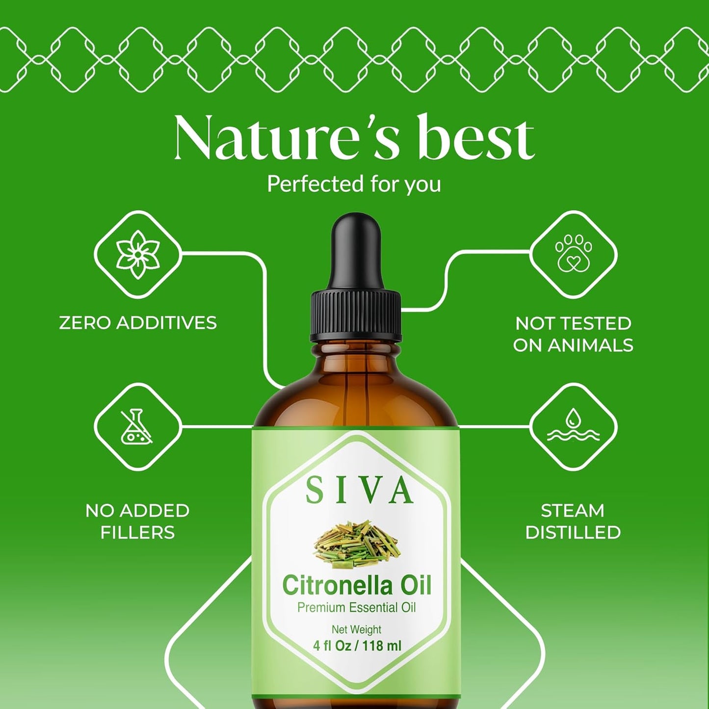 Siva Citronella Essential Oil - 4 Fl Oz – 100% Natural Citronella Oil - for Diffuser, Face, Skin Care, Aromatherapy, Hair Care, Scalp and Body Massage - with Dropper
