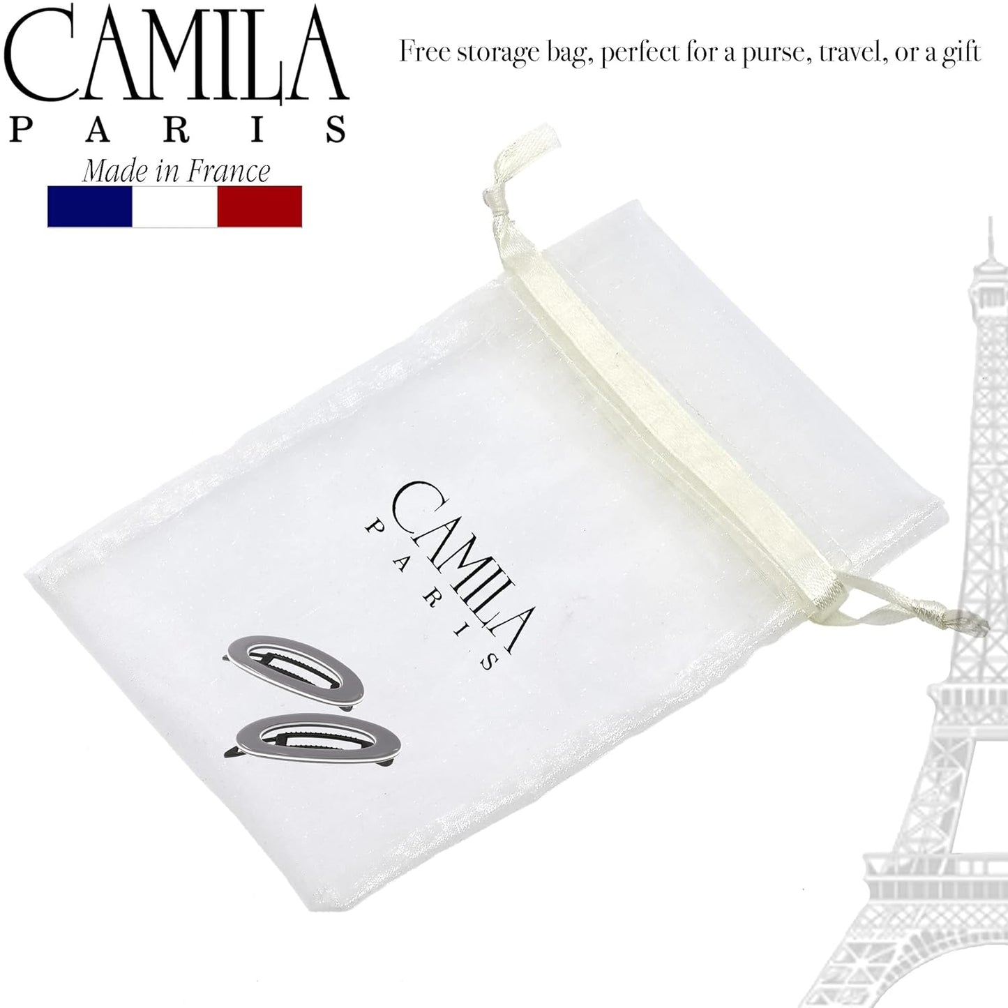 Camila Paris CP3368 French Hair Barrette Clip for Women, Handmade, Gray White, Side Slide-in Metal-Free Closure Strong Hold Grip Hair Clips for Girls, No Slip Durable Hair Accessories, Made in France