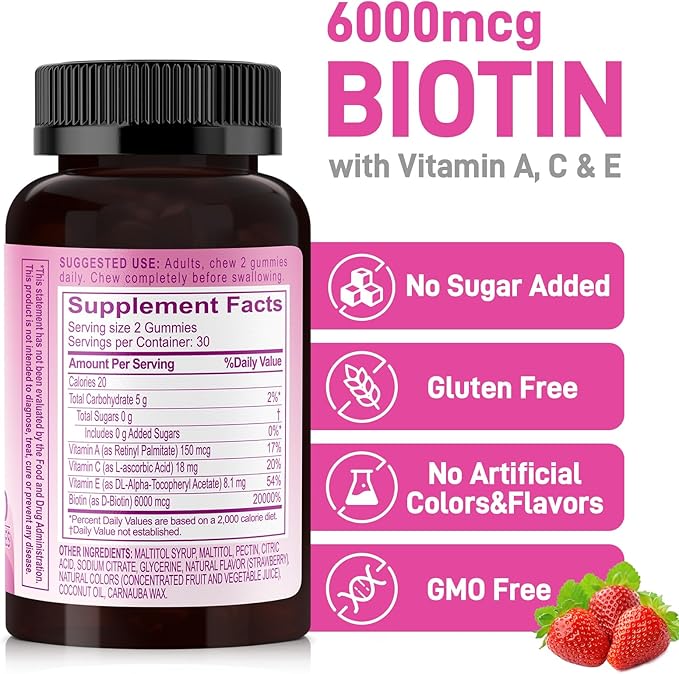 Sugar Free Beauty Gummies, Hair Skin and Nails Gummies with Vitamins A C E, Natural 6000mcg Biotin Gummies for Women Men, GMO Free, Gluten Free (Strawberry, 60 Count)