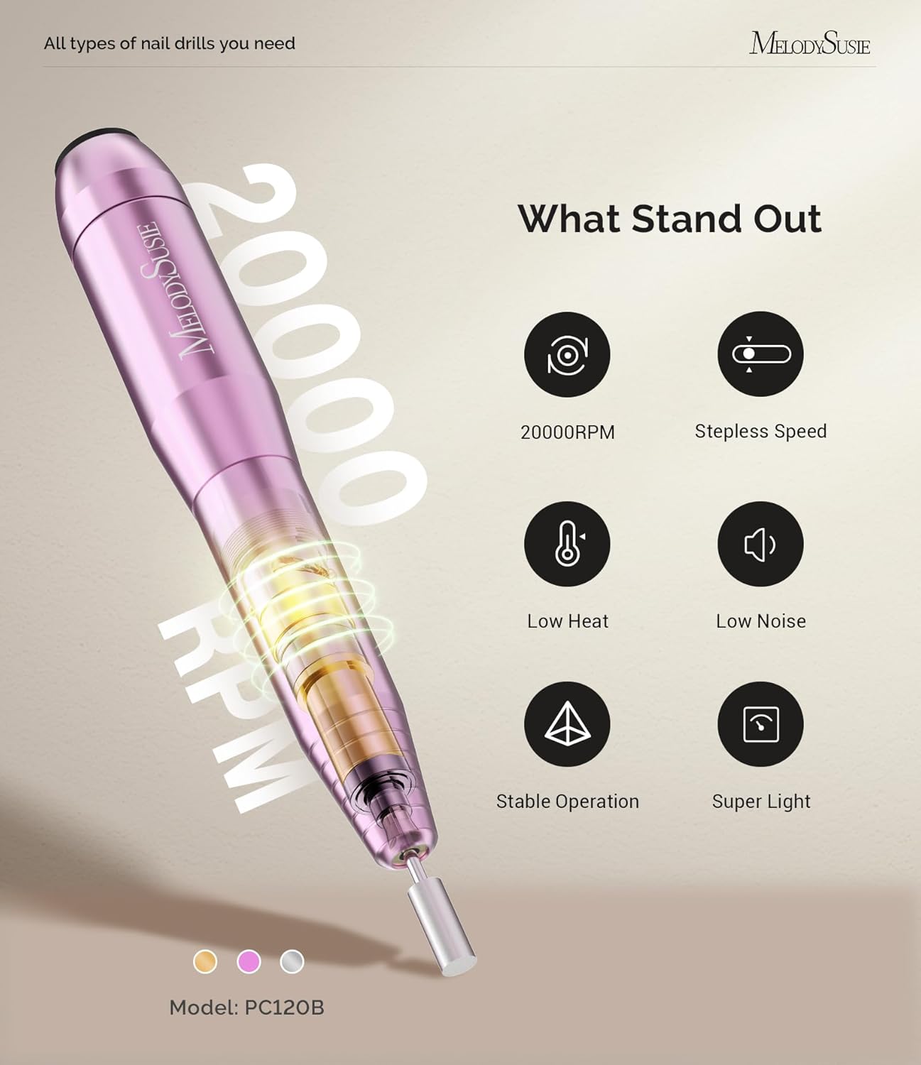 MelodySusie Portable Electric Nail Drill,PC120B Compact Efile Electrical Professional Nail File Kit for Acrylic, Gel Nails, Manicure Pedicure Polishing Shape Tools Design for Home Salon Use, Purple