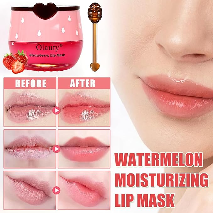 Bee Lip Balm Honey Pot,3 PCS Strawberry&Honey&Watermelon Lip Sleeping Mask,Hydrating Prevention Dry and Cracked Lip Scrubs Exfoliator Lip Care,Moisturizing Lip Mask Overnight Reduces Lip Lines