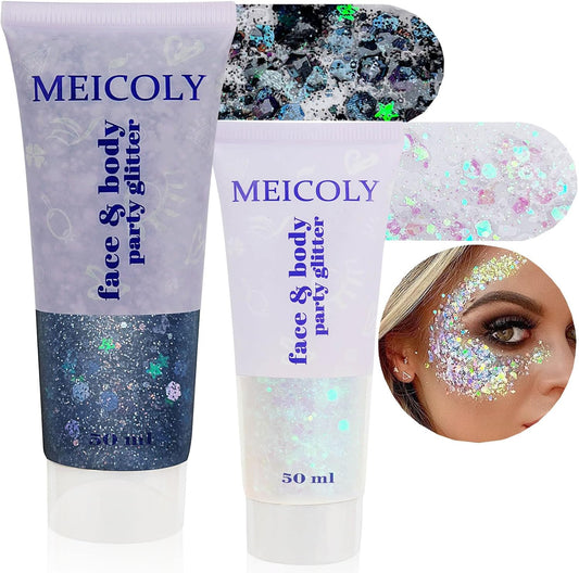 MEICOLY Black and Clear White Face Body Glitter Set,Mermaid Face Glitter Gel,Singer Concerts Festival Rave Accessories,Chunky Sequins Glitter Face Paint for Women and Kids,Sparkling Glitter Makeup