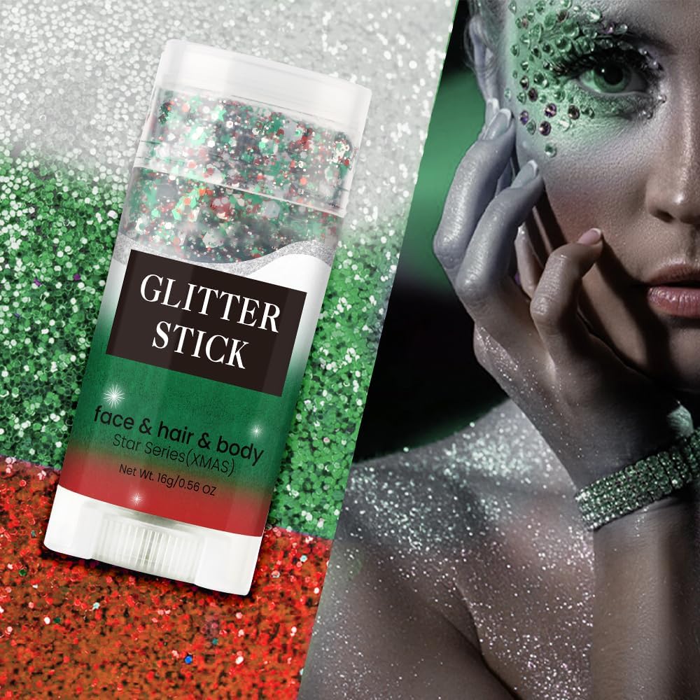 Face and Body Glitter Stick, Sparkly Chunky Hair Glitter Makeup, Holographic Sparkling Neon Outfit Singer Concert Music Rave Festival Party Accessories Glitter Gel. (Red & White & Green)