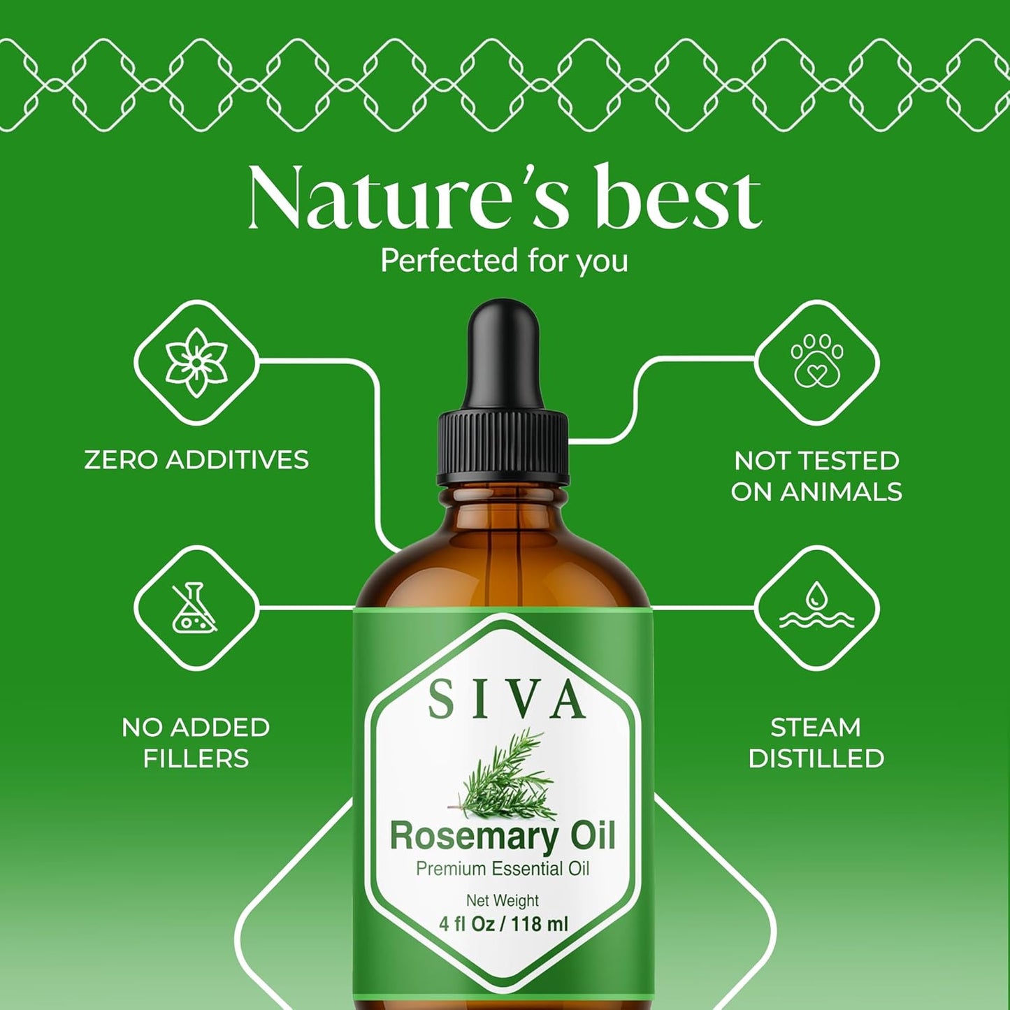 Siva Rosemary Essential Oil - 4 Fl Oz – 100% Natural Rosemary Oil - for Diffuser, Face, Skin Care, Aromatherapy, Hair Care, Scalp and Body Massage - with Dropper