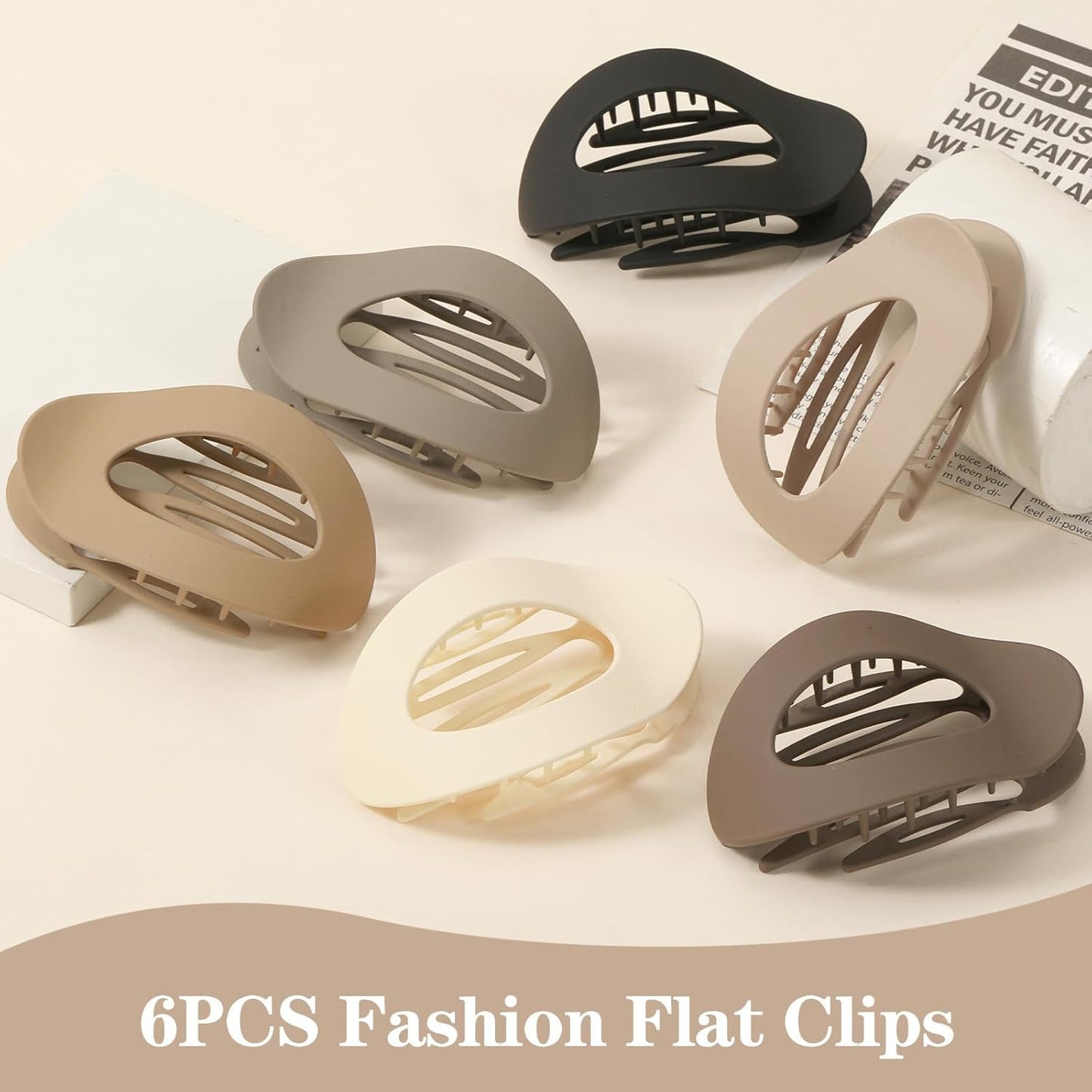 6 PCS Flat Hair Clips for Women, Medium Flat Hair Clips, Flat Claws Clips for Thick Thin Hair, Hair Claw Clips with Secure Hold Double Inner Teeth, Lay Down Claw Clip, Classic Hair Barrettes