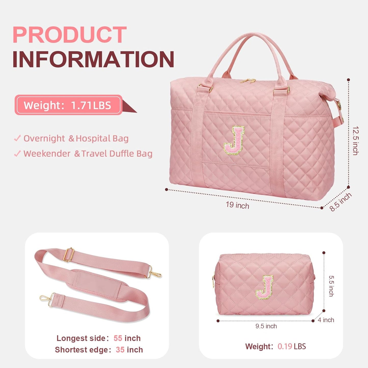 Gifts for Teen Girl, Initial Travel Duffle Bag, Personalized Women Weekender Overnight Bags, Gift for Daughter Kid Girl Wife Friend（Pink,J)