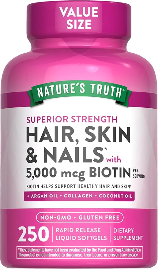 Nature's Truth Hair, Skin & Nails Vitamins | 5000mcg | 250 Softgels | Includes Collagen, Biotin and Coconut Oil | Non-GMO & Gluten Free Supplement for Women and Men
