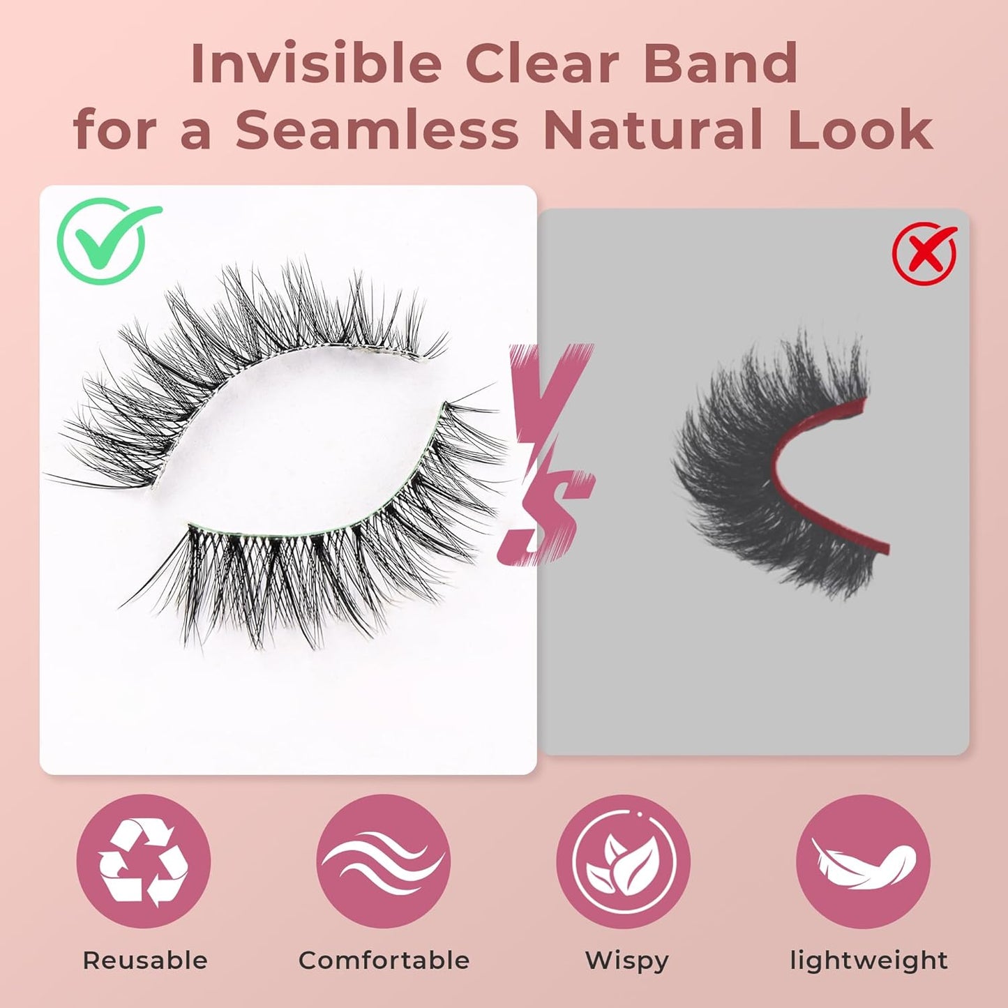Cat Eye Lashes – Natural Wispy False Eyelashes with Clear Band, Reusable Fake Eyelash Strip Lashes for Daily Wear, 7 Pairs Natural Look