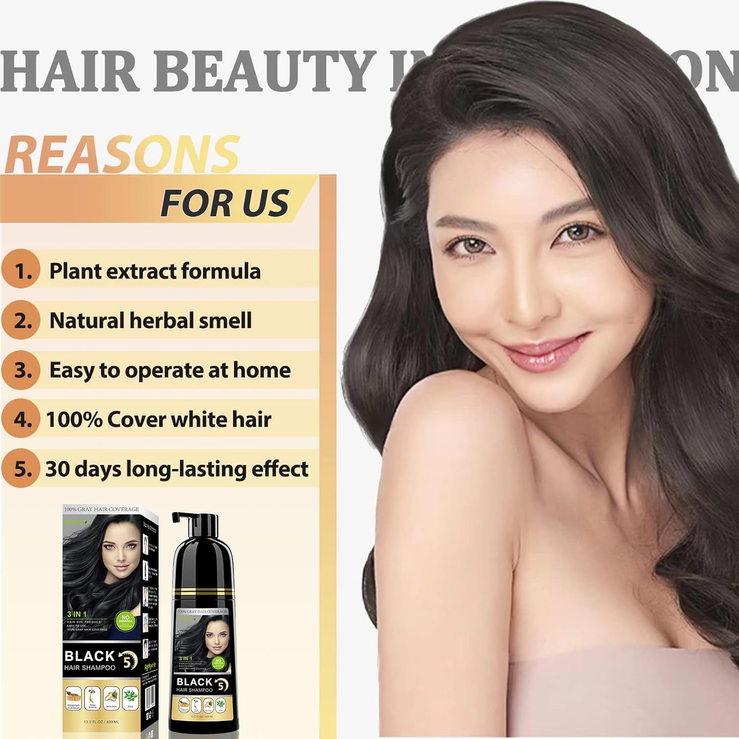 Instant Black Hair Shampoo, 3 in 1 Natural Hair Dye Shampoo with Herbs, Cover Greys Hair for Men & Women, Permanent Hair Color - Ammonia Free 400ml (Black)