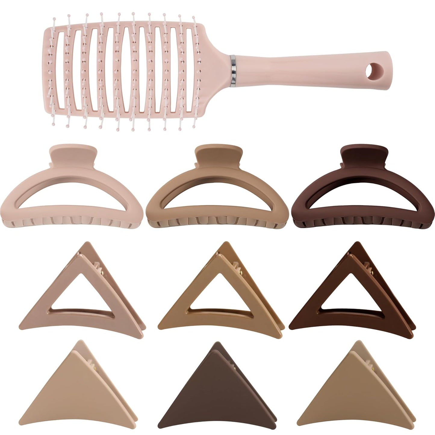 Neutral Tones Hair Accessories Set - 9 Medium Hair Clips (Arched & Triangle), 1 Hair Brush | Non-Slip Hair Clips for Thin Hair (Soft Pink, Beige, Brown)