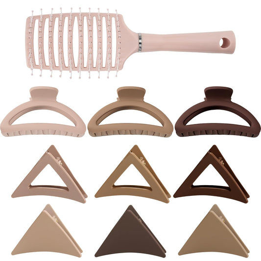 Neutral Tones Hair Accessories Set - 9 Medium Hair Clips (Arched & Triangle), 1 Hair Brush | Non-Slip Hair Clips for Thin Hair (Soft Pink, Beige, Brown)