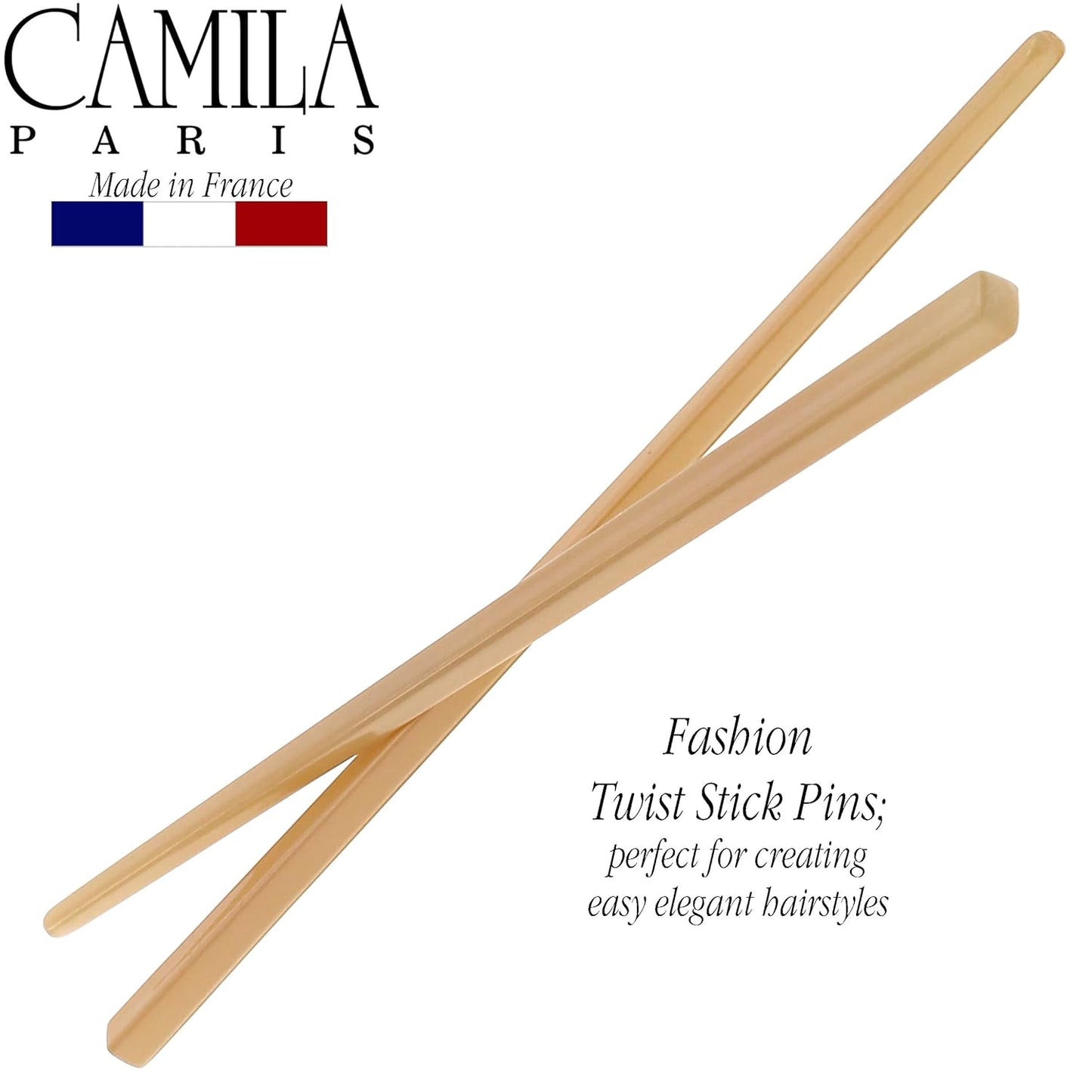 Camila Paris CP3380 French Twist Stick Hair Pin, Set of 2 Beige, Girls Chopsticks Hair Pins for Girls Spiral Updo Chignon Bun Holder, Styling Hair Accessories for Women, Made in France