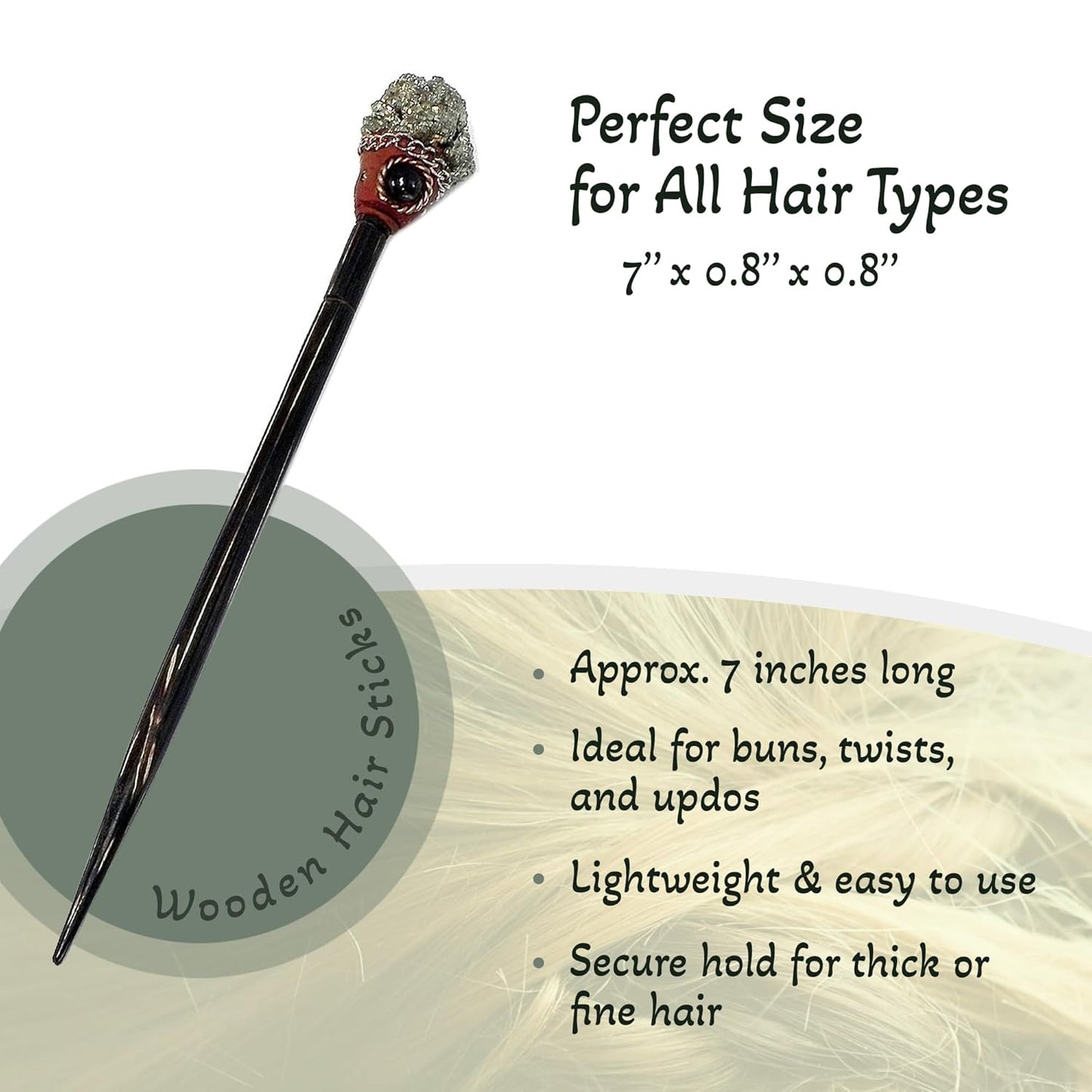 Mia Jewel Shop - Natural Tumbled Healing Gemstone Crystal Chonta Wooden Hair Sticks – Handmade Hair Sticks for Women | Hair Pins Boho Reiki Accessories, Fashion Gifts (Silver Pyrite)