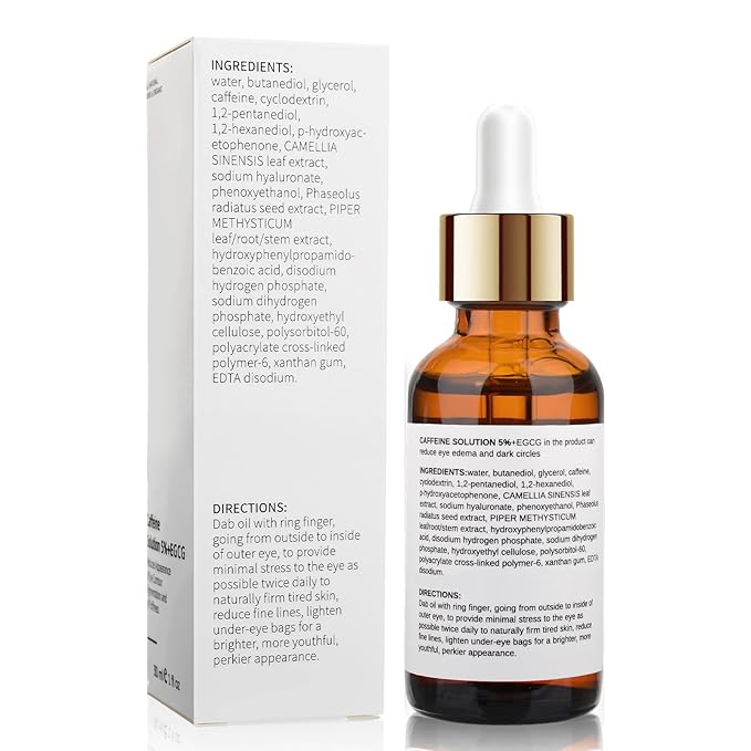 Caffeine Eye Serum with EGCG, 5% Caffeine Solution for Eyes Reduces Pigmentation and Puffiness, Under Eye Serum for Dark Circles, Wrinkles and Fine Lines for All Skin Types, 1 OZ