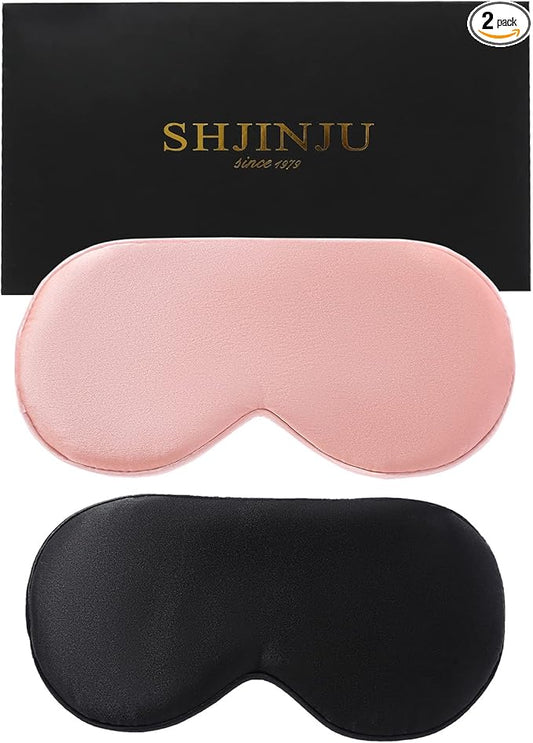 2-Pack 100% Real Natural Silk Eye Mask, Silk Sleeping Mask, Shade Puffy Eye Gift with Adjustable Straps, Sleep Eye Mask, SHJINJU Eye Mask Shade (Black and Leather Powder)