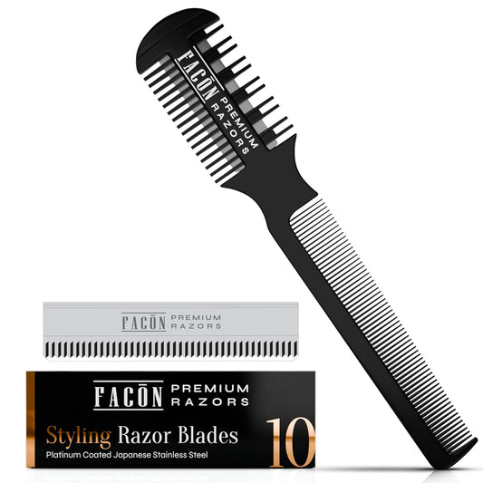 Facón Razor Comb for Hair Cutting - Professional Hair Cutting Comb Kit with 12 Replacement Blades, Double Edge Shaper for Salon & Home, Premium Styling Thinning Texturizing Split Ends Trimming Razor