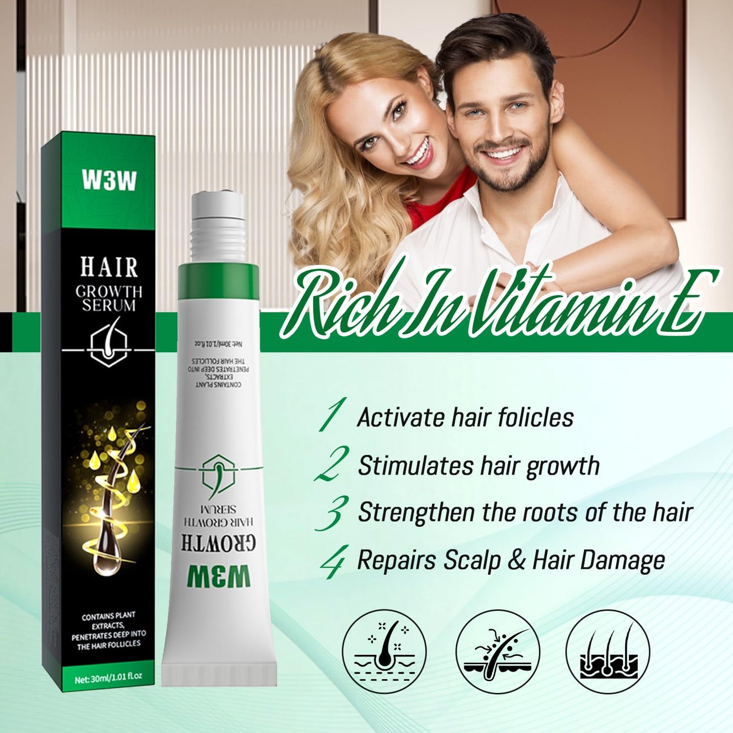 Hair Growth Serum, Orrenaturals Hair Revival Ampoule 3% Rosemary Hair Growth Serum Roll On 30ml Scalpy Hair Growth Oil for Hair Loss&Thinning