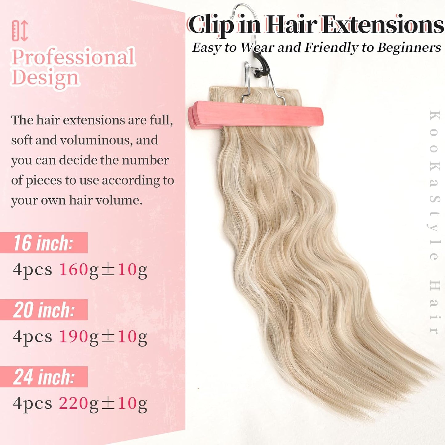 KooKaStyle Clip in Long Wavy Synthetic Hair Extension 20 Inch Pearl Blonde 4PCS Thick Hairpieces Fiber Double Weft Hair for Women