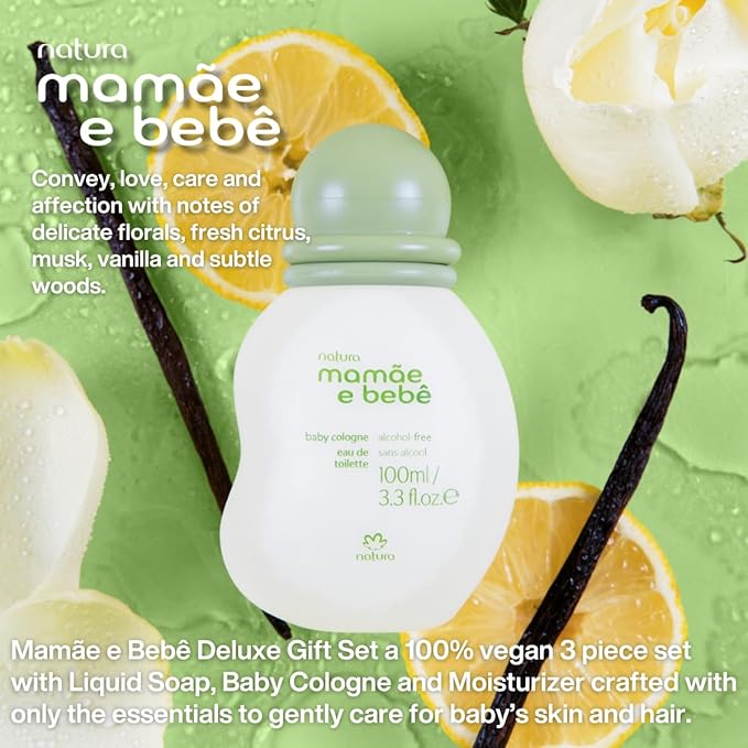 natura - Mamãe e Bebê Deluxe Gift Set - Baby Moisturizer, Cologne & Liquid Soap - 100% Vegan - Natural Origin - All Skin Types - Cruelty Free - Brazilian Beauty - Baby Essentials (3 Baby Products)