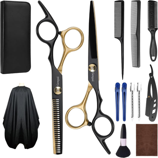14-Piece Professional Hair Cutting Scissors Kit – Stainless Steel Hair Shears, Barber Scissors, Thinning Shears & Razor – Hair Cutting Kit for Men/Women/Kids – Barber Supplies & Accessories