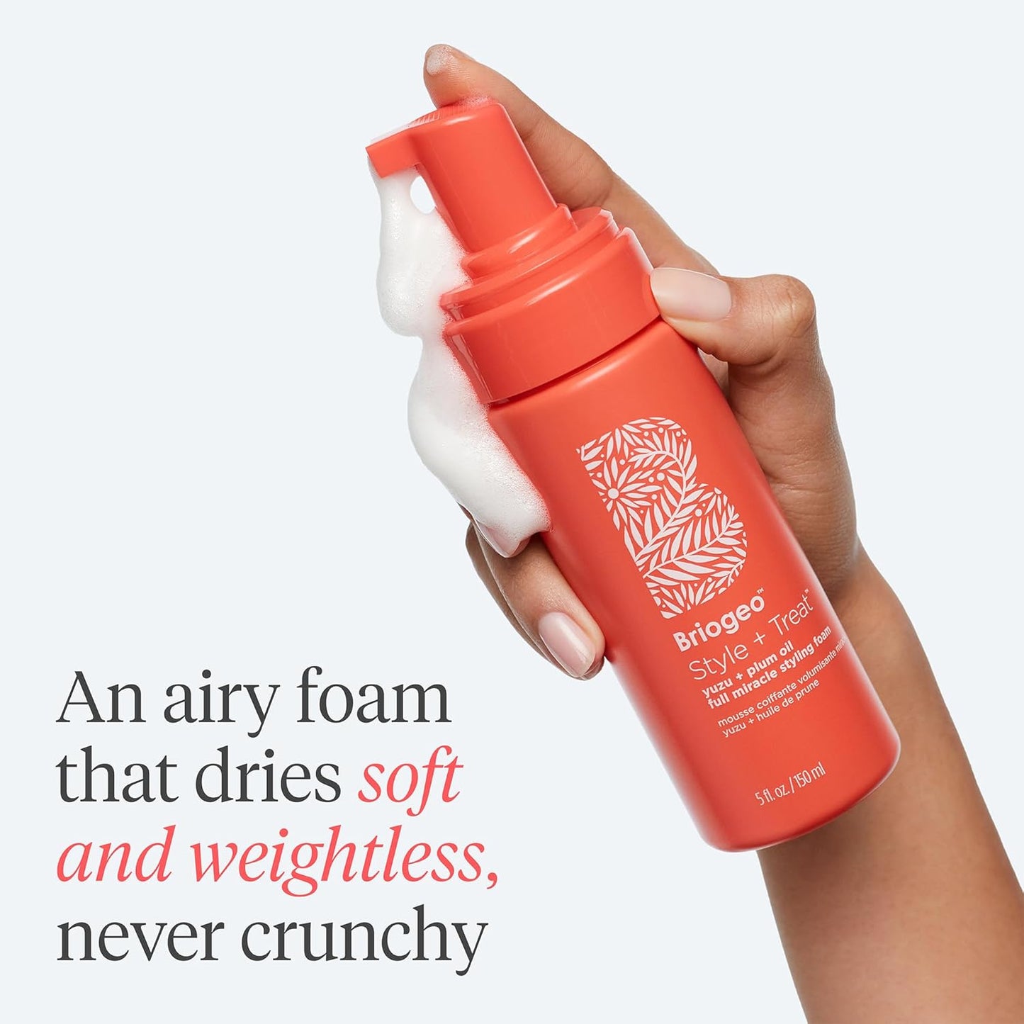 Briogeo Style + Treat Yuzu + Plum Oil Full Miracle Styling Foam, Control Frizz, Heat Protection, Enhance Wavy Hair, Volumized Hair Blowout, Add Texture to All Hair Types, Vegan, Cruelty-Free, 5 fl oz