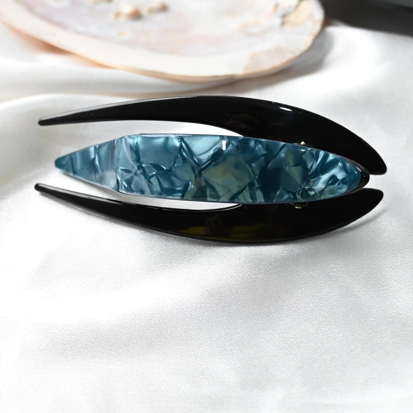 Handmade Celluloid French Design Tortoise Shell Barrettes Side-slide Opening Duck Luxury Fashion Accessories Hair Clip Claw for Women (bluegreen)